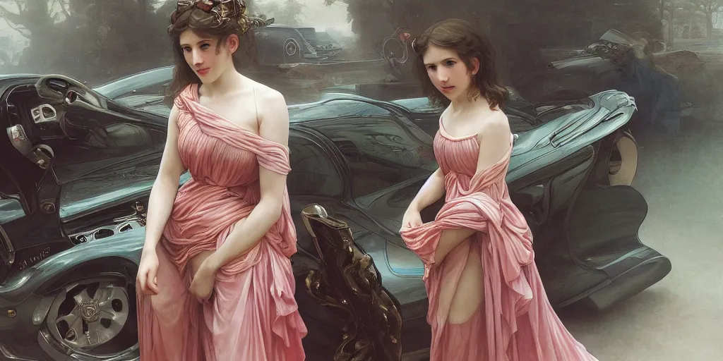 Prompt: a beautiful girl in a baroque dress standing near ford mustang. neon light, masterpiece 4k digital illustration by Ruan Jia and Mandy Jurgens and Artgerm and william-adolphe bouguereau, award winning, Artstation, art nouveau aesthetic, Alphonse Mucha background, intricate details, realistic, panoramic view, Hyperdetailed, 8k resolution, intricate art nouveau