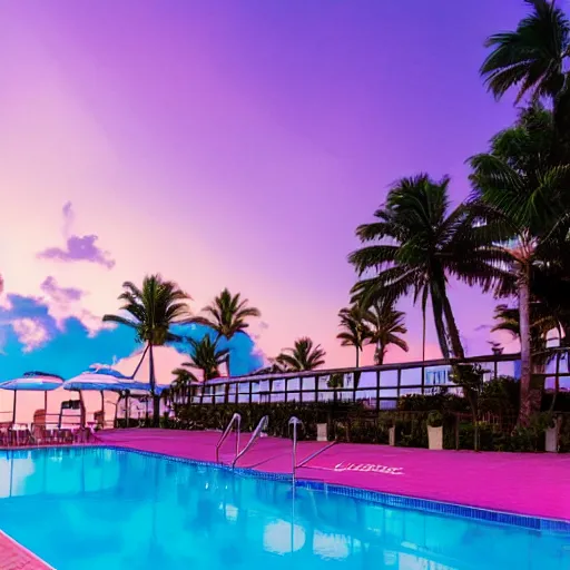 Prompt: motel, swimmingpool, sunset, palms, beach, sunset, vaporwave, pink, blue, green, purple, aesthetic.
