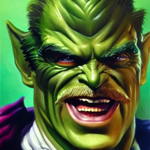 Prompt: ultra realistic head and shoulders portrait painting of tom selleck as green goblin, art by frank frazetta, 4 k, ultra realistic, highly detailed, epic lighting