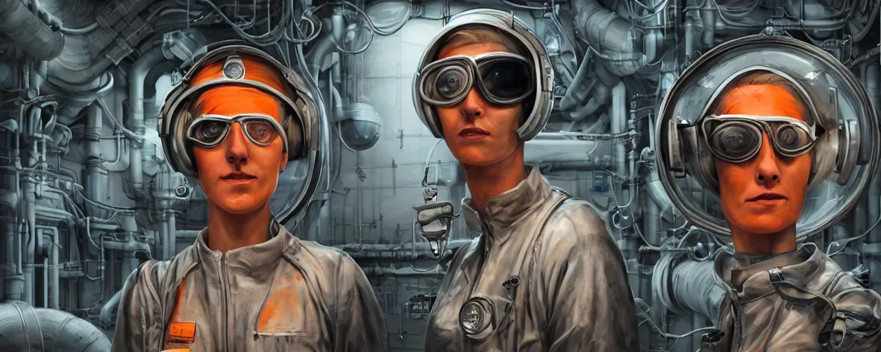 Prompt: character concept art 3 / 4 portrait of tattooed stoic heroic emotionless butch blonde woman engineer with short slicked - back hair, wearing dark victorian goggles, wearing orange bandana around neck, working inside reactor room, awkward and uncomfortable and anxious, dirty, ron cobb. industrial space program, scifi, hyper detailed. octane render. trending on artstation