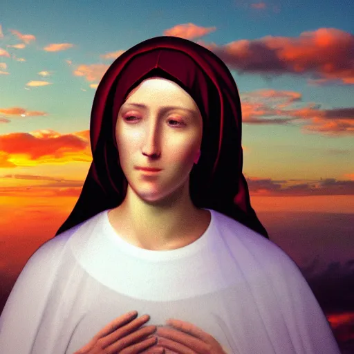 Image similar to a realistic digital photo of virgin mary as sunset clouds