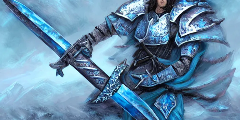 Image similar to glacier warrior sword blade, blue snow theme sword blade, fantasy sword of warrior, armored sword blade, glacier coloring, epic fantasy style art, fantasy epic digital art, epic fantasy weapon art