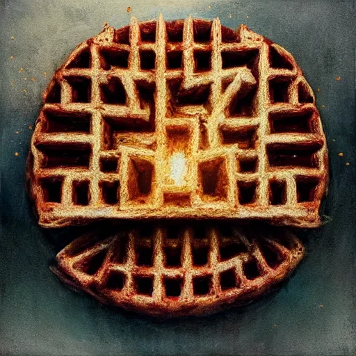 Image similar to hyperrealistic mixed media high resolution painting of an angry sentient waffle, stunning 3d render inspired art by István Sándorfi and Greg Rutkowski and Unreal Engine, perfect facial symmetry, dim volumetric lighting, 8k octane beautifully detailed render, full body shot, post-processing, extremely hyper-detailed, intricate, epic composition, highly detailed attributes, highly detailed atmosphere, cinematic lighting, masterpiece, trending on artstation, very very detailed, masterpiece, stunning, flawless structure, lifelike texture, perfection,