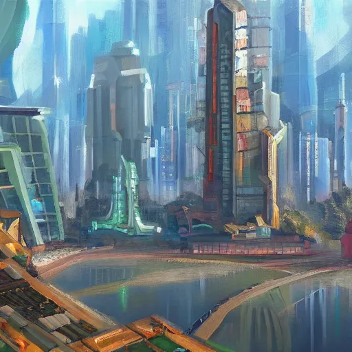 Prompt: A detailed oil painting of a futuristic solarpunk city, in the style of Bob Ross