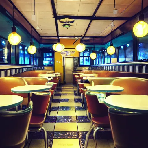 Prompt: inside of a diner with alien waiters, cozy lighting, late night, photo