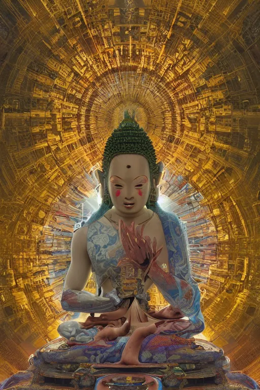 Prompt: a epic sakyamuni, the founder of buddhism in cyberpunk style temple, struggling in a ruined city full of organic fractal mycelum and fung, super complex and instruct, epic stunning atmosphere, hi - tech synthetic rna bioweapon nanotech, art by anthony macbain + greg rutkowski + alphonse mucha, concept art, 4 k, sharp focus