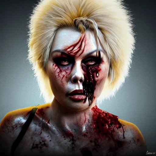 Prompt: portrait of eighties kim wilde as a zombie with cuts on face, 7 days to die zombie, fine art, award winning, intricate, elegant, sharp focus, cinematic lighting, highly detailed, digital painting, 8 k concept art, art by guweiz and z. w. gu, masterpiece, trending on artstation, 8 k