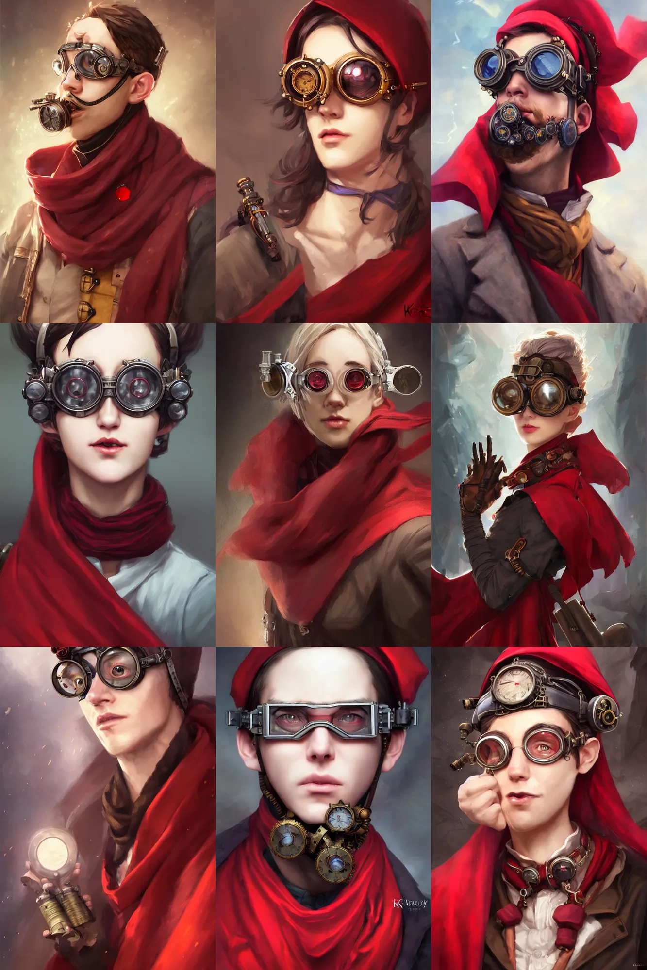 Prompt: a ( man personified as a chemist ), beauty portrait, fantasy chemistry, steampunk goggles, red scarf covering mouth, cape, digital art by krenz cushart, laurie greasly, wlop, artgerm, intricate, highly detailed, sharp focus, smooth, epic composition, joyful, unreal engine