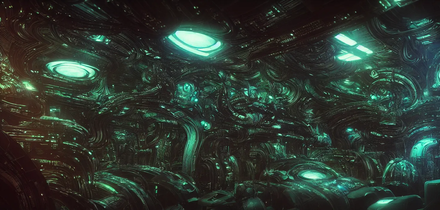 Image similar to Prometheus biological sci-fi environment set close-up hologram, ship control panel close-up, in a nightmarish universe of odd forms and somber tapestry, HR Giger and Vincent Di Fate, vivid color scheme, featured in artstation, octane render, cinematic, elegant, intricate, 8k