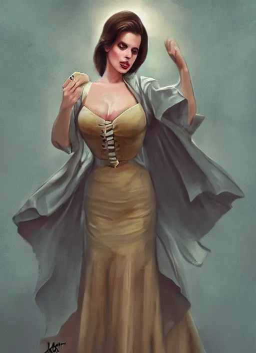 Image similar to lana del rey as a heroine with a dress inspired by american horror story, holding her chest, large bosum, digital painting, artstation, concept art, smooth, sharp focus, illustration, in - frame, centered, art by artgerm and donato giancola and joseph christian leyendecker, ross tran, wlop