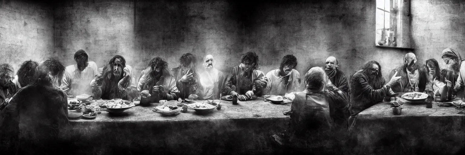 Image similar to Award Winning Editorial 84° wide-angle picture of a Tramps in a Soup Kitchen by David Bailey and Lee Jeffries, called 'The Last Supper', 85mm ND 5, perfect lighting, gelatin silver process