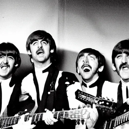 Prompt: the beatles singing in a bowl of fire