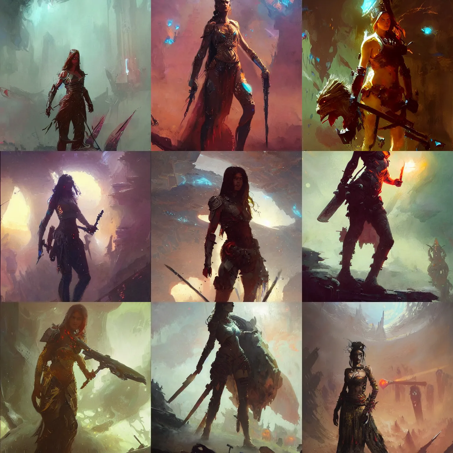 Prompt: A ethereal female warrior by Greg Rutkowski and Paul Lehr