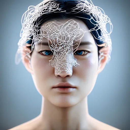 Prompt: intricate highly detailed face portrait of asian - european woman, light blue transparent metal vines on her face, intricate, cgsociety, unreal engine, octane render, sharp focus, smooth, volumetric lighting, cinematic composition, artstation