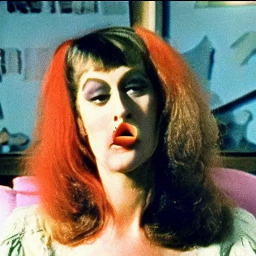 Image similar to 1976 woman on a television show with a long pickle snout nose, big nostrils, wearing a dress, 1976 French film color archival footage technicolor film expired film 16mm Fellini new wave John Waters Russ Meyer movie still