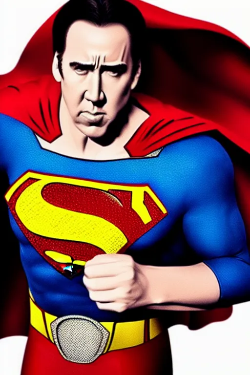 Image similar to nicholas cage as superman, live action, superhero movie, dramatic