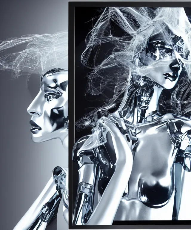 Image similar to tv displays victoria's secret model, a silver robot is touching the tv and robot's head is partially morphed into copy of the model's head, realistic, 4 k