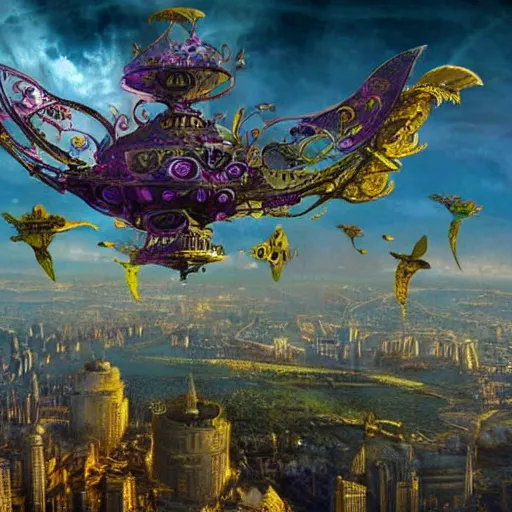 Prompt: flying, flower - shaped city, sky, fantasy art, steampunk
