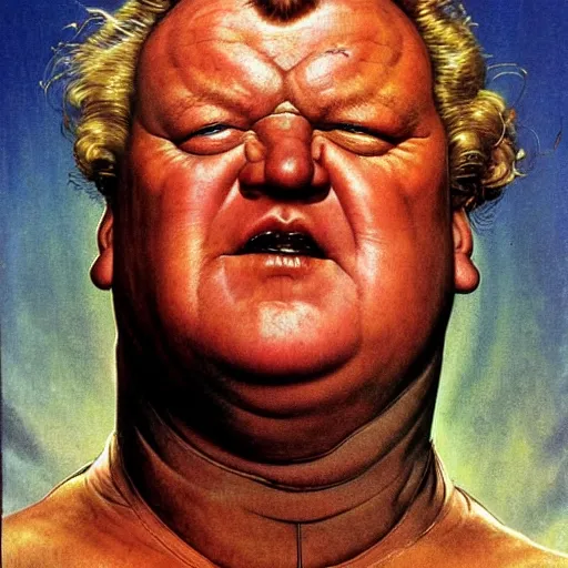 Prompt: dynamic upper body portrait of ray winstone as baron harkonnen in 1982 movie dune, by norman rockwell and boris vallejo