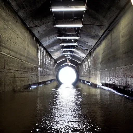 Image similar to a partially flooded tunnel that has machinery and pipes along the walls, dark, scary, horror, eerie, submechanophobia,