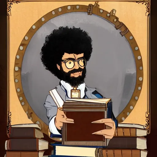 Image similar to a full shot of a steampunk Bob Ross with a black bob hair style holding a stack of books, standing in a steampunk reading room. in a steampunk reading room. digital illustration, soft lighting lighting, 8K, anime, trending on ArtStation, digital art. @MarioManiacDude