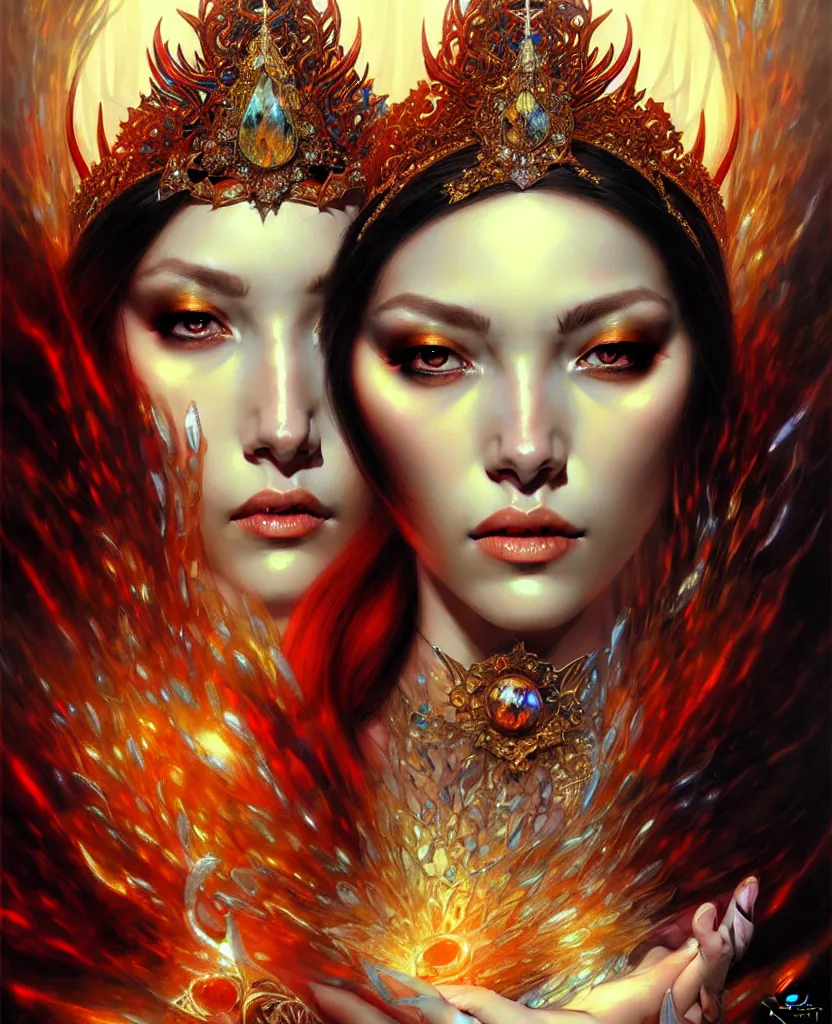 Prompt: A portrait of a female jewels-crowned sorceress; by Karol Bak and Jia Ruan, artstation, deviantart, fantasy art, rpg portrait