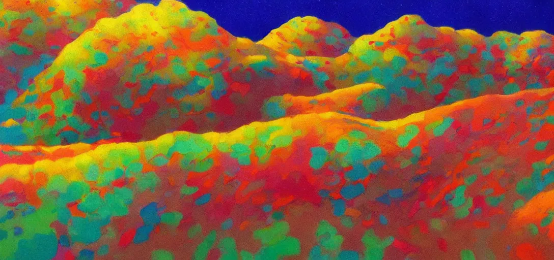 Prompt: a colorful vibrant closeup landscape licking a tab of lsd acid on its land tongue and dreaming psychedelic hallucinations, by moebius, edward hopper and james gilleard, zdzislaw beksinski, steven outram colorful flat surreal design, hd, 8 k, artstation