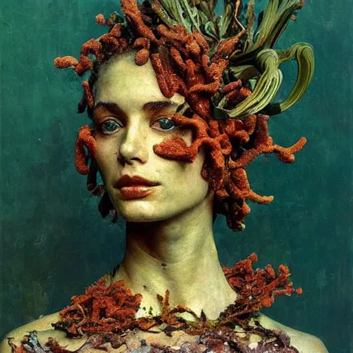 Image similar to a sculpture portrait made of seaweed and coral and shells and lilies, painting part by wojciech siudmak, part by ilya repin, part by max ernst, part by norman rockwell, artstation