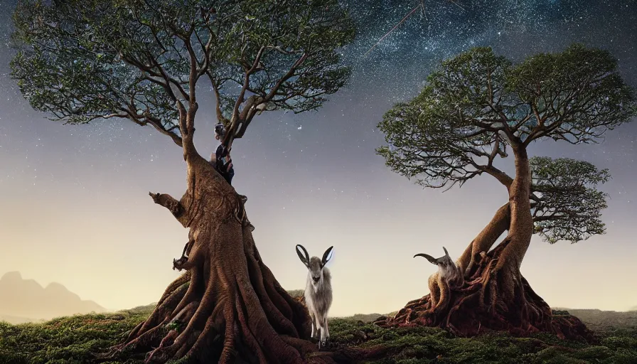 Image similar to very very small goat, sitting on a gigantic banyan tree in moonlit socotra island by ilya kuvshinov, starry night, rtx rendering, octane render 1 2 8 k, maya, extreme high intricate details by tom bagshaw, medium shot, close up shot, composition by sana takeda, lighting by greg rutkowski, stranger things