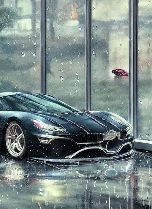 Prompt: raindrops turning into cars racing down a windows painting by artgerm and greg rutkowski and magali villanueve.