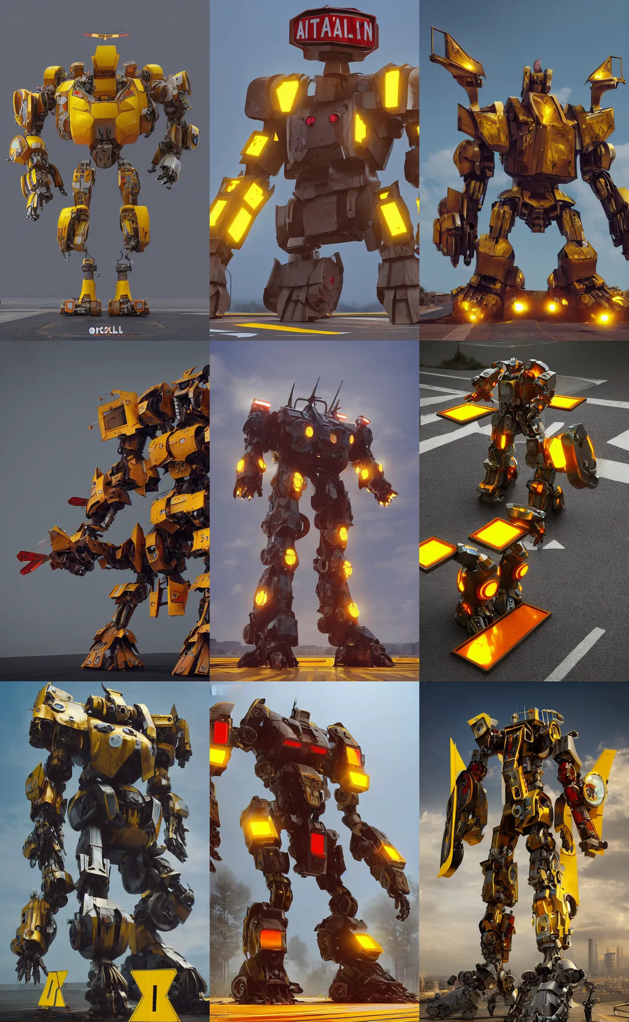 Prompt: giant mecha gladiator made of yellow road signs and a red stop sign on its head, character design trending on artstation, mecha, unreal engine, octane render, detailed model, hardsurface modelling, realistic