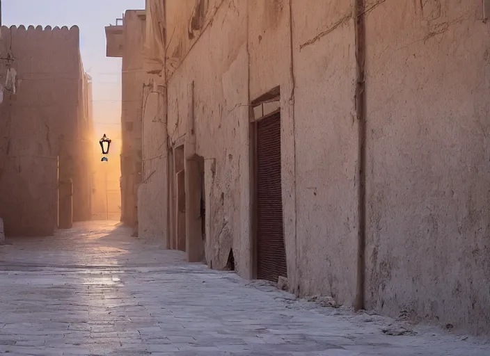 Image similar to old jeddah city alley, roshan, old shops, horse, magical glowing sand gateway to another dimension, a man wearing a white robe standing watching over, dramatic lighting, dawn, by caspar david friedrich, unreal engine 5