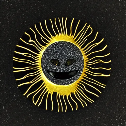 Image similar to gold plated black marble. the sun has a face with many eyes and teeth. seen through the fog