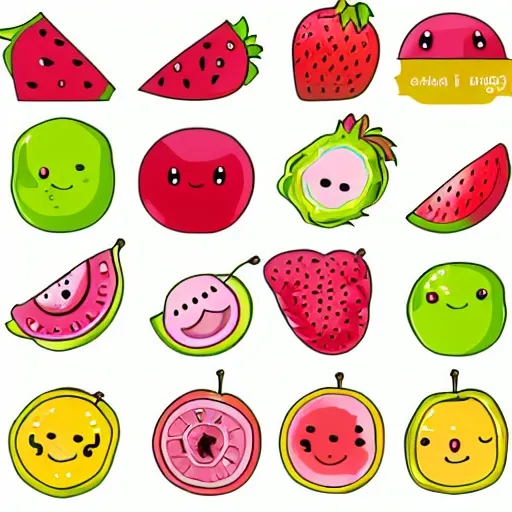 Prompt: a set of kawaii fruits isolated on white background, cartoon, cute, vector graphics,