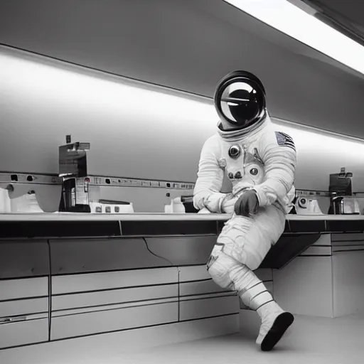 Prompt: a beautiful photo of an astronaut waiting in a laundromat, 1970', soft light, morning light, photorealistic, realistic, octane, 8k, cinematic