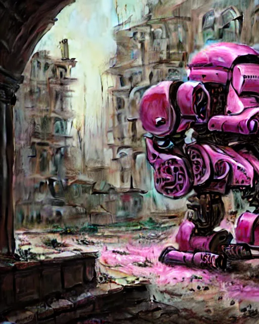 Image similar to hyperrealistic hyperdetailed rococo mecha iridescent pink coming out of dystopian city ruins concept art santiago caruso de chirico sharp very dramatic green light 8k low angle shallow depth of field