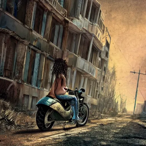 Prompt: A lonely lost girl searching for her family on a motorcycle in an abandoned city, post apocalyptic scene, digital futuristic extraterrestrial art