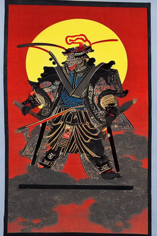 Prompt: a godlike and indomitable helmeted samurai with a slight silhouette wielding their Odachi before a large Torii gate, the rising sun in the background. Photo realistic. Award winning, ayahuasca, vibrant colors.