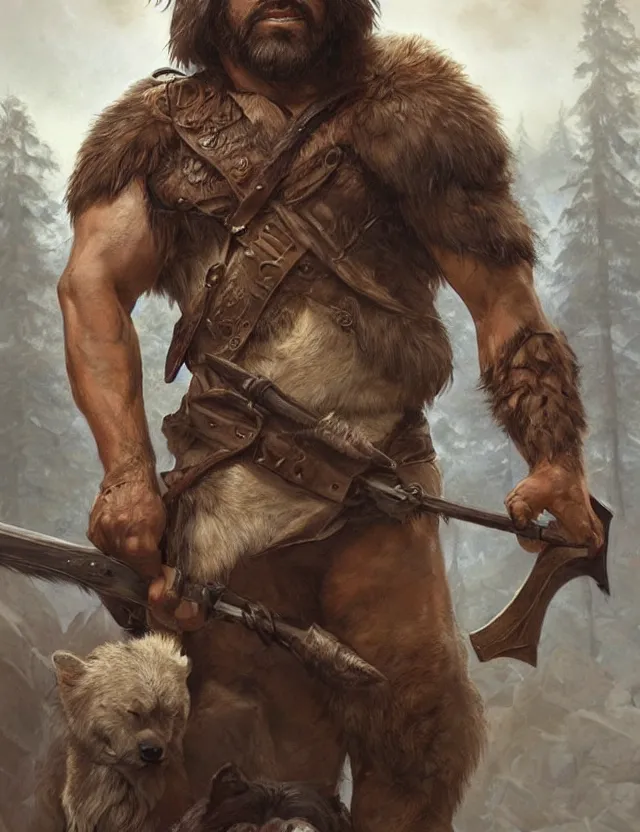 Image similar to portrait of a gruff ranger holding a spear, accompanied by a wolf dog, muscular, upper body, hairy body, D&D, fantasy, intricate, elegant, highly detailed, digital painting, artstation, concept art, matte, sharp focus, illustration, art by Artgerm and Greg Rutkowski and Alphonse Mucha