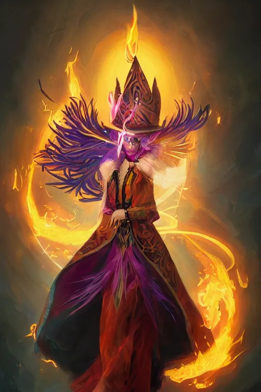 Image similar to a fancy portrait of a beautiful dark magician women wearing a great witches hat covered in colourfull flames by Greg Rutkowski, Sung Choi, Mitchell Mohrhauser, Maciej Kuciara, Johnson Ting, Maxim Verehin, Peter Konig, final fantasy , mythical, 8k photorealistic, cinematic lighting, HD, high details, atmospheric,