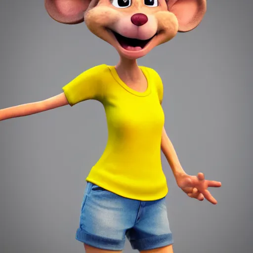 Image similar to 3 d render, portrait, headshot, closeup, anthropomorphic mouse, female, wearing denim short shorts and a off yellow tank top shirt, in the style of flushed away