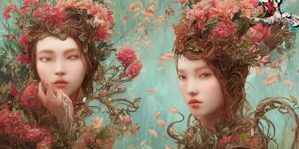 Image similar to breathtaking detailed concept art painting of the goddess of flamingo, orthodox saint, with anxious, piercing eyes, ornate background, amalgamation of leaves and flowers, by Hsiao-Ron Cheng and John James Audubon, extremely moody lighting, 8K