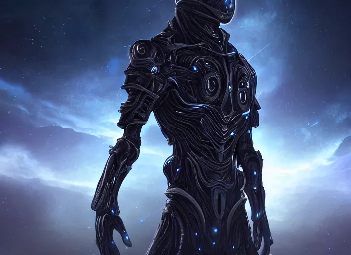 Image similar to medium shot, an alien with beautiful glowing eyes, detailed symmetrical face and skin, wearing a long flowing cloth shirt over stylish large futuristic armor poses beside an outpost with tall detailed structures with lights in the night sky, incredible detail, anamorphic 2 0 mm lens cinematic flare, photorealistic!!!