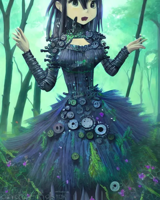 Image similar to scifi pricess of the cloud forest, wearing a lovely dress decorated with toothwheels and cogs. this oil painting by the award - winning mangaka has an interesting color scheme and impeccable lighting.