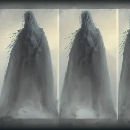 Image similar to concept designs for an ethereal ghostly wraith like figure made from wispy deep billowing smoke with a squid like parasite latched onto its head and long tentacle arms that flow lazily but gracefully at its sides like a cloak while it floats around a frozen rocky tundra in the snow searching for lost souls and that hides amongst the shadows in the trees, this character has hydrokinesis and electrokinesis for the resident evil village video game franchise with inspiration from the franchise Bloodborne and the mind flayer from stranger things on netflix in the style of a marvel comic