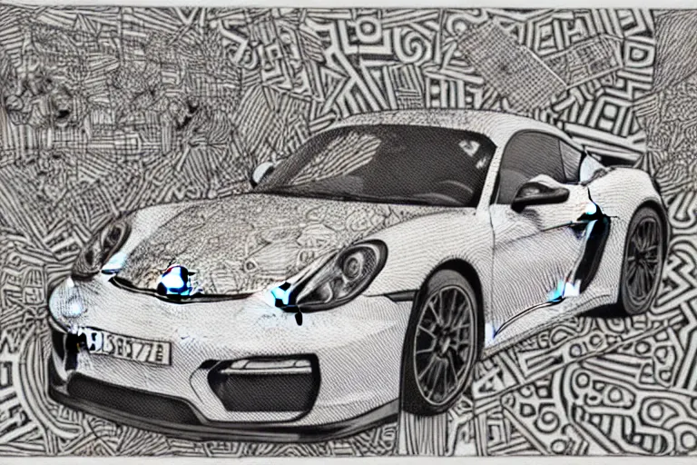 Image similar to a black and white drawing of a porsche cayman gt 4 rs, a detailed mixed media collage by hiroki tsukuda and eduardo paolozzi and moebius, intricate linework, sketchbook psychedelic doodle comic drawing, geometric, street art, polycount, deconstructivism, matte drawing, academic art, constructivism, no color