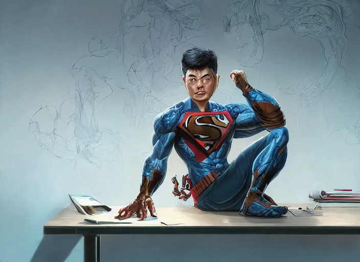 Image similar to an insanely detailed painting of an asian man wearing a homemade superhero costume, sitting at a desk, staring seriously at the computer and typing, in the style of peter mohrbacher, james jean, artgerm, dramatic lighting and composition, surreal background, octane render, pixar, trending on artstation, concept art, comic book, view from behind, 8 k