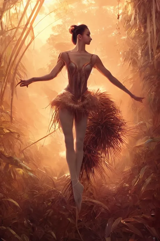 Image similar to stunningly beautiful, cybernetic prima ballerina in jungle, symmetrical face, golden hour, smooth, focus, highly detailed, hyper realistic, dramatic lighting, elegant, intricate, concept art, art by wlop, mars ravelo, greg rutowski, artstation