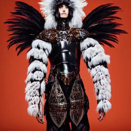 Prompt: a portrait of a beautiful young male wearing an alexander mcqueen armor made of delicate feathers , photographed by andrew thomas huang, artistic