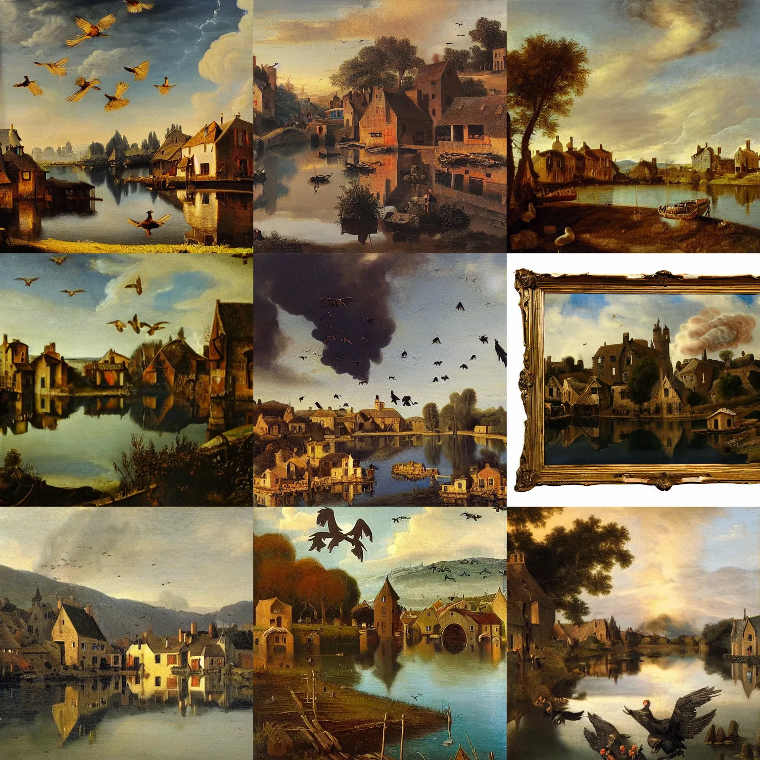 Prompt: Beautiful medieval lake-side village with a flock of ravens flying above the village, reflections in the water shows an ominous burning future, detailed oil painting by Gaspar van Wittel